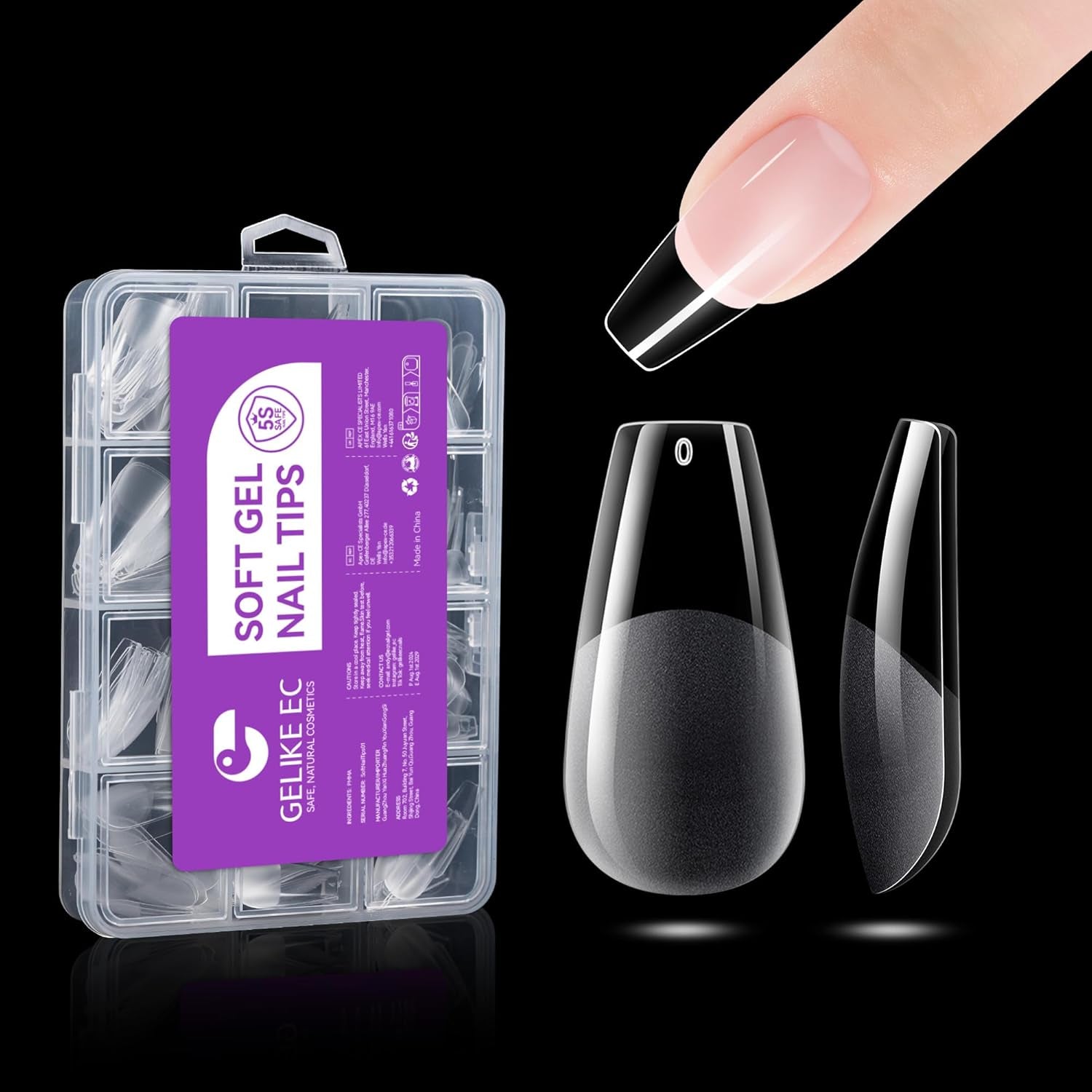 Gelike EC Lot de 120 faux ongles carrés extra courts en résine PMMA pré-polie pour femme, salon, 12 tailles