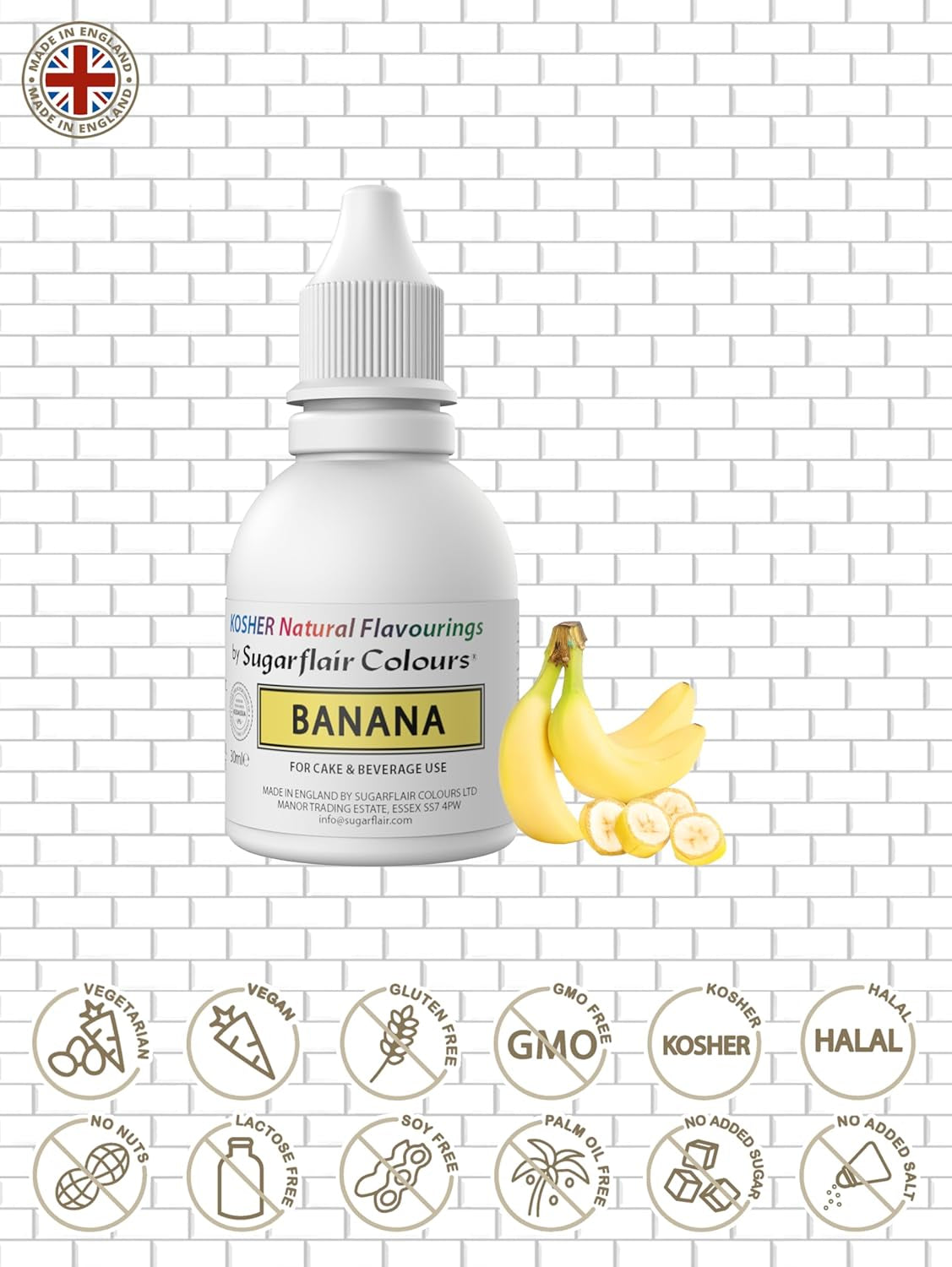 Sugarflair Casher Banane Arôme alimentaire naturel Gouttes à saveur intense pour gâteaux, muffins, glaçages, boissons, crème glacée - Arôme 100 % naturel - 30 ml