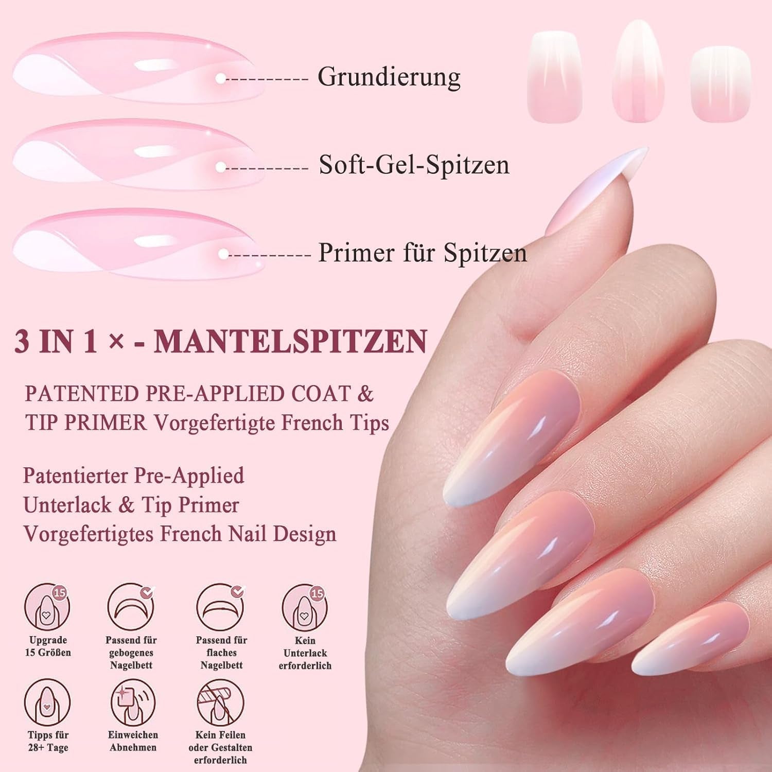 Lot de 288 faux ongles à presser ombrés – Kit de faux ongles artificiels en forme de cercueil moyen carré d'amande – 3 styles dégradés avec colle acrylique pour femmes (ensemble dégradé, 288 pièces)