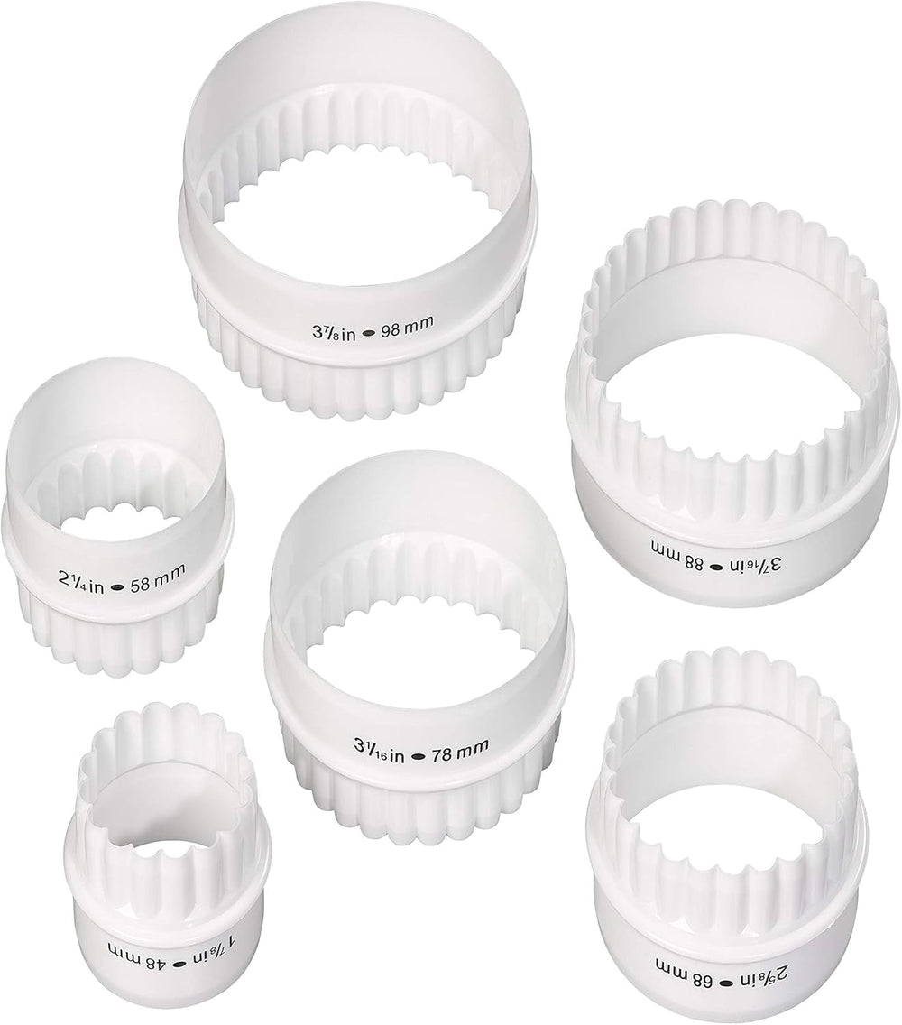 Set de 6 forme rotunde reversibile Tala pentru biscuiți, forme pentru biscuiți cu margini netede și striate, plastic fără BPA, pentru aluat, fondant și marțipan, 48 până la 98 mm