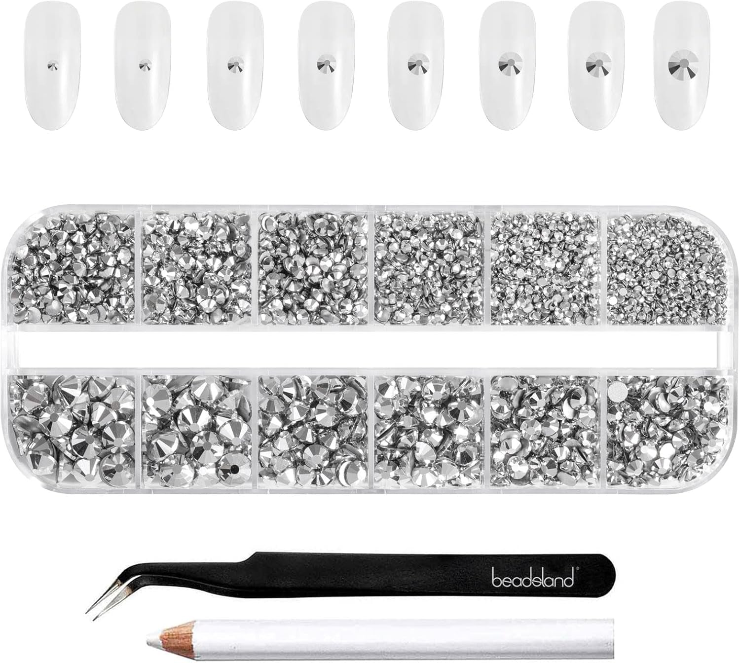 Beadland 2500Pcs Verre Nailart Strasssteine ​​​​Kristall Flatback Edelsteine ​​​​Runde, ​​​​pour Handwerk Gemischt 8 Größen SS4 ~ SS30 Mit Picking Pinzette Und Stift (Kristall Weiss)