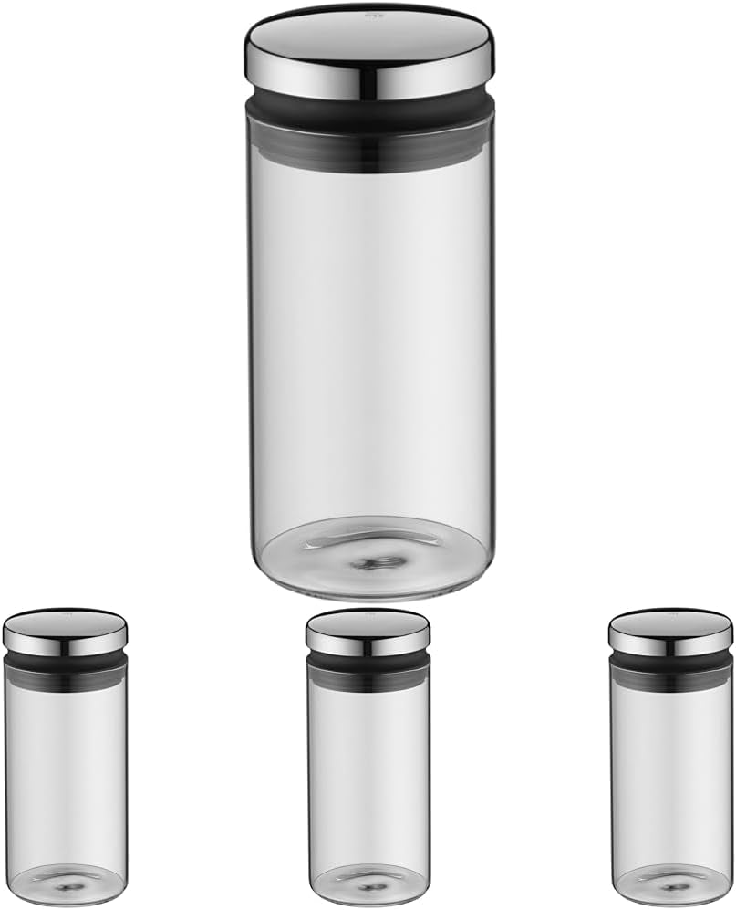 WMF Depot Bocal de conservation en verre de 1 litre, hauteur 21,5 cm, bocal de conservation avec couvercle, récipient pour grains de café, pot de céréales, pot de conservation des aliments avec large ouverture de remplissage (paquet de 4)