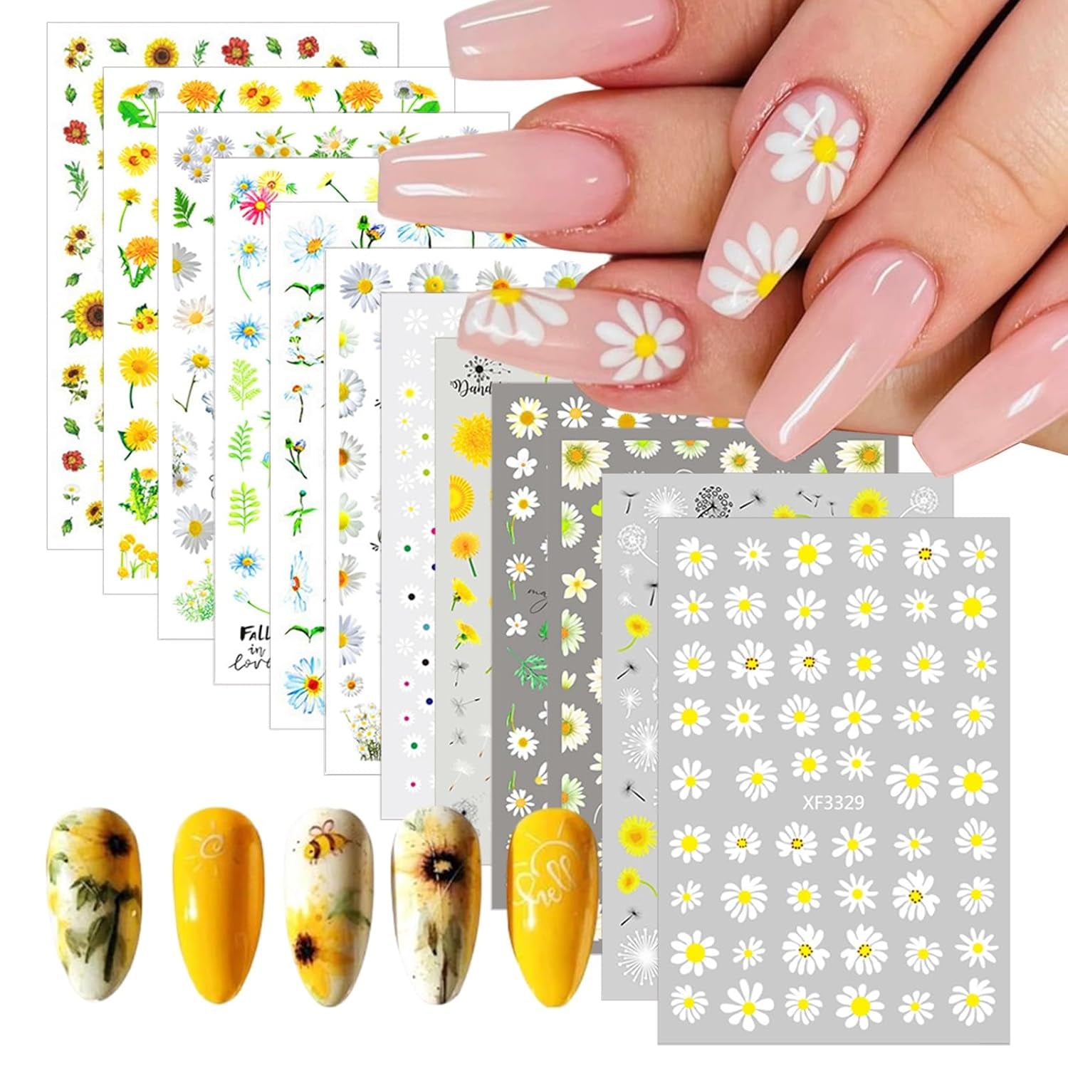 Autocollants pour ongles effet 3D, 12 feuilles, durcissement UV, fleur longue durée, autocollants pour ongles, marguerite jaune et blanche, pour Nail Art