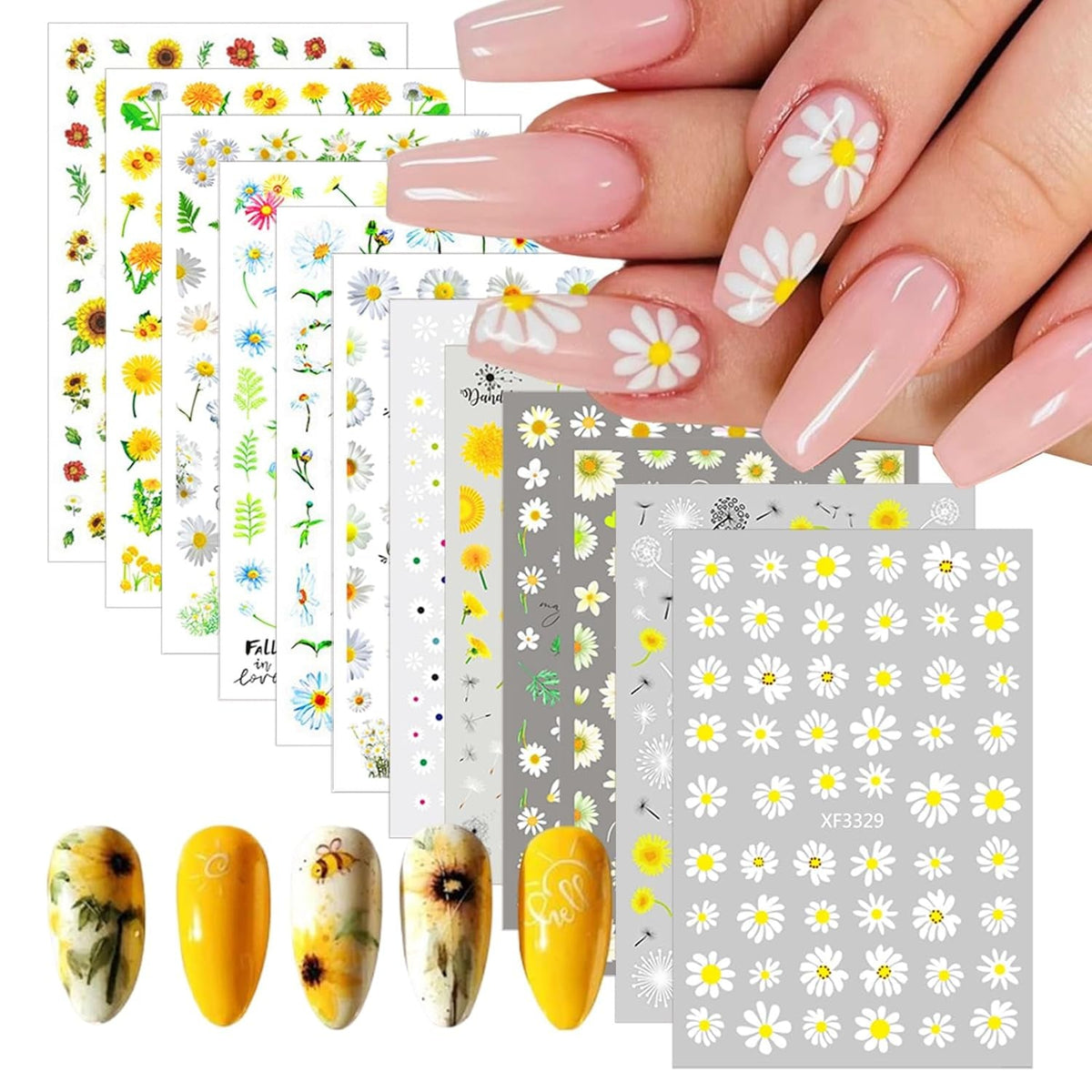 Autocollants pour ongles effet 3D, 12 feuilles, durcissement UV, fleur longue durée, autocollants pour ongles, marguerite jaune et blanche, pour Nail Art