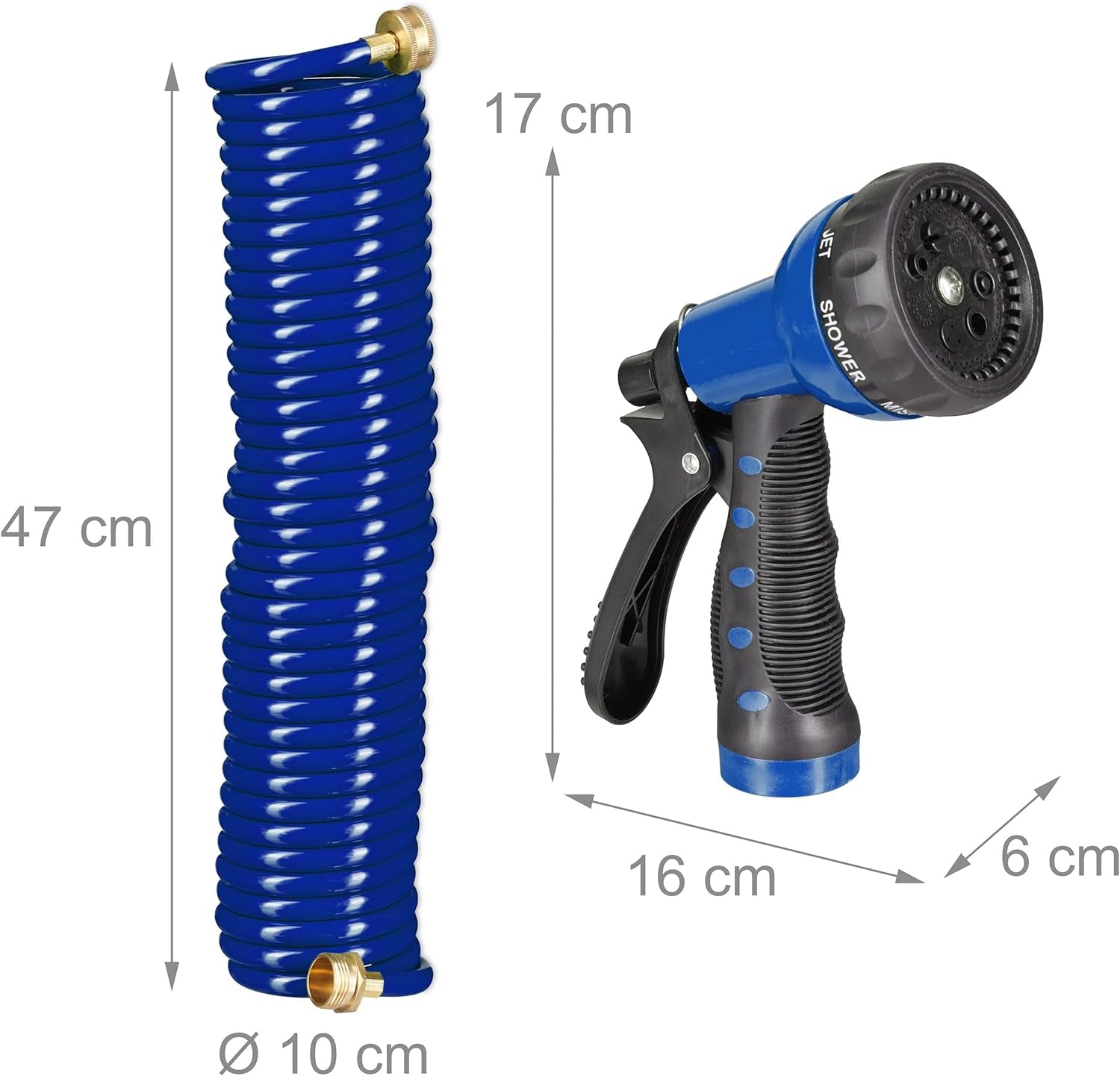 Relaxdays Tuyau spiralé extensible jusqu'à 10 m Tuyau d'arrosage flexible avec pulvérisateur d'eau 7 modes de pulvérisation Bleu 25 x 52 x 15 cm