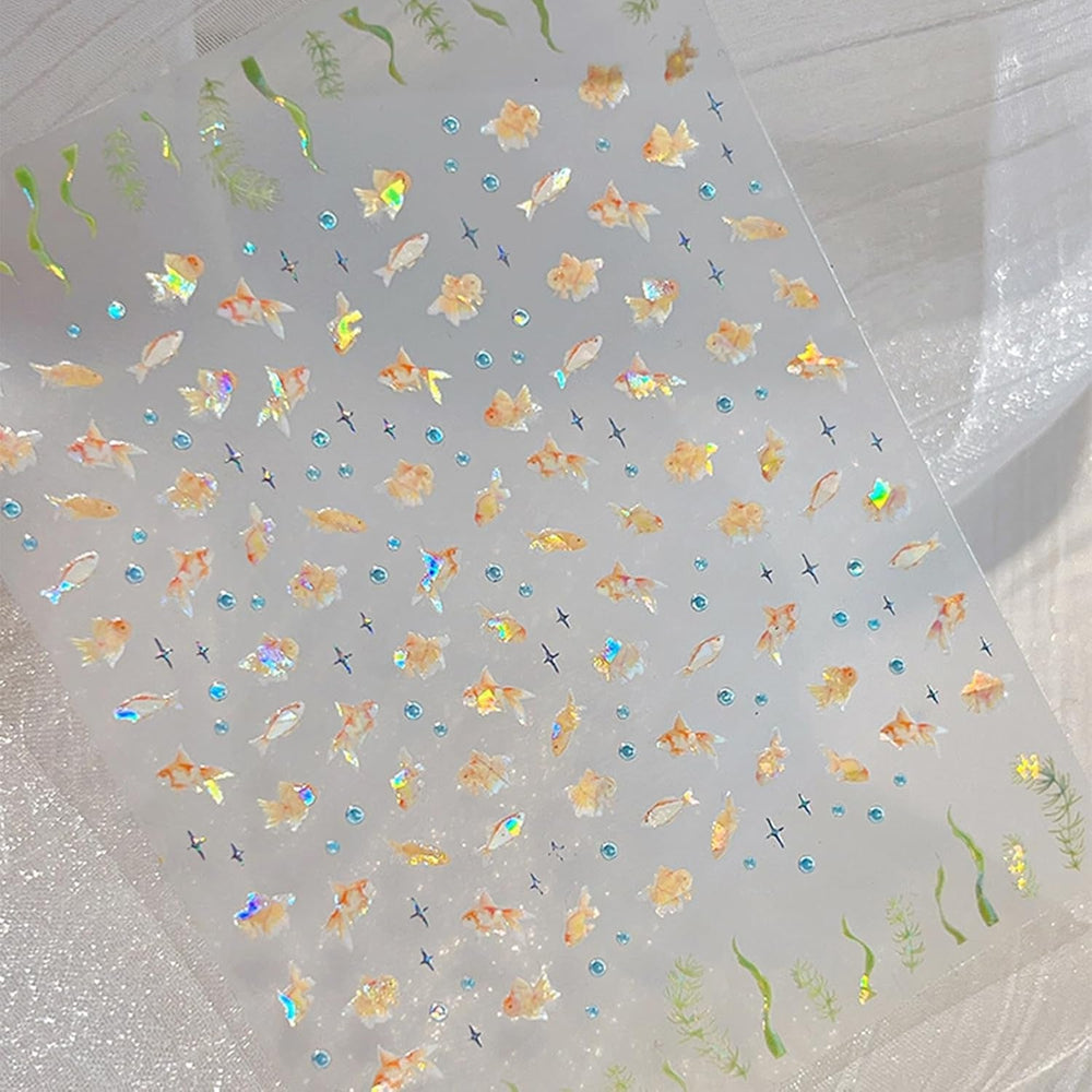 2 Stück Selfklebende Nagelsticker Mit Muscheleffekt, Vierstrahlstern et Goldfisch Design, Nagelaufkleber Für Fingernägel, Nail Art Zubehör Für Gelnägel