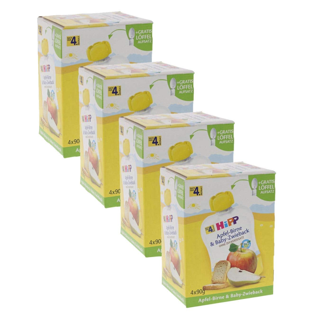 Hipp squeeze sachets pour bébés, bouillie de fruits, mangue pêches à la banane avec avoine, fruits 100% bio sans sucre ajouté, 4 x 4 sachets de 90 g Mère et Enfant Naty Shop 4 x 4 sachets de 90 g Pomme-Poire