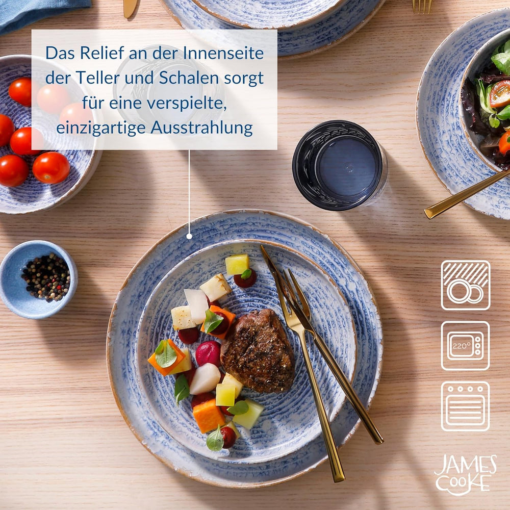 Azure Service de table vintage en grès pour 6 à 24 pièces – Rayures blanches et bleues, surface en relief – Passe au lave-vaisselle, au four et au micro-ondes