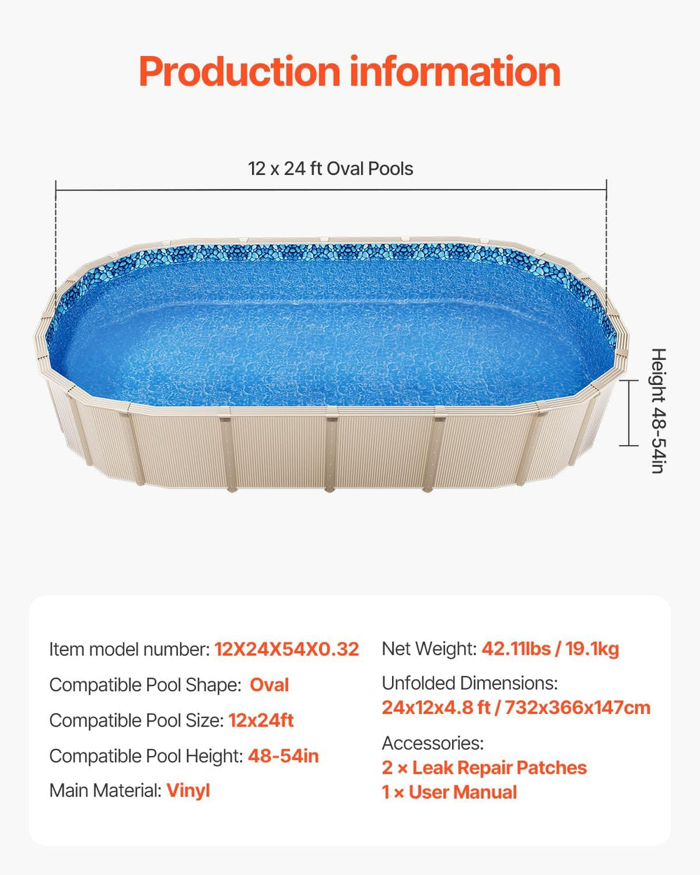 Căptușeală ovală pentru piscină VEVOR, 732x366x147cm, căptușeală interioară, căptușeală de schimb, căptușeală pentru piscină, căptușeală din vinil suprapusă, dimensiune standard, rezistentă la uzură, pentru piscine supraterane cu pereți înalți de 137cm