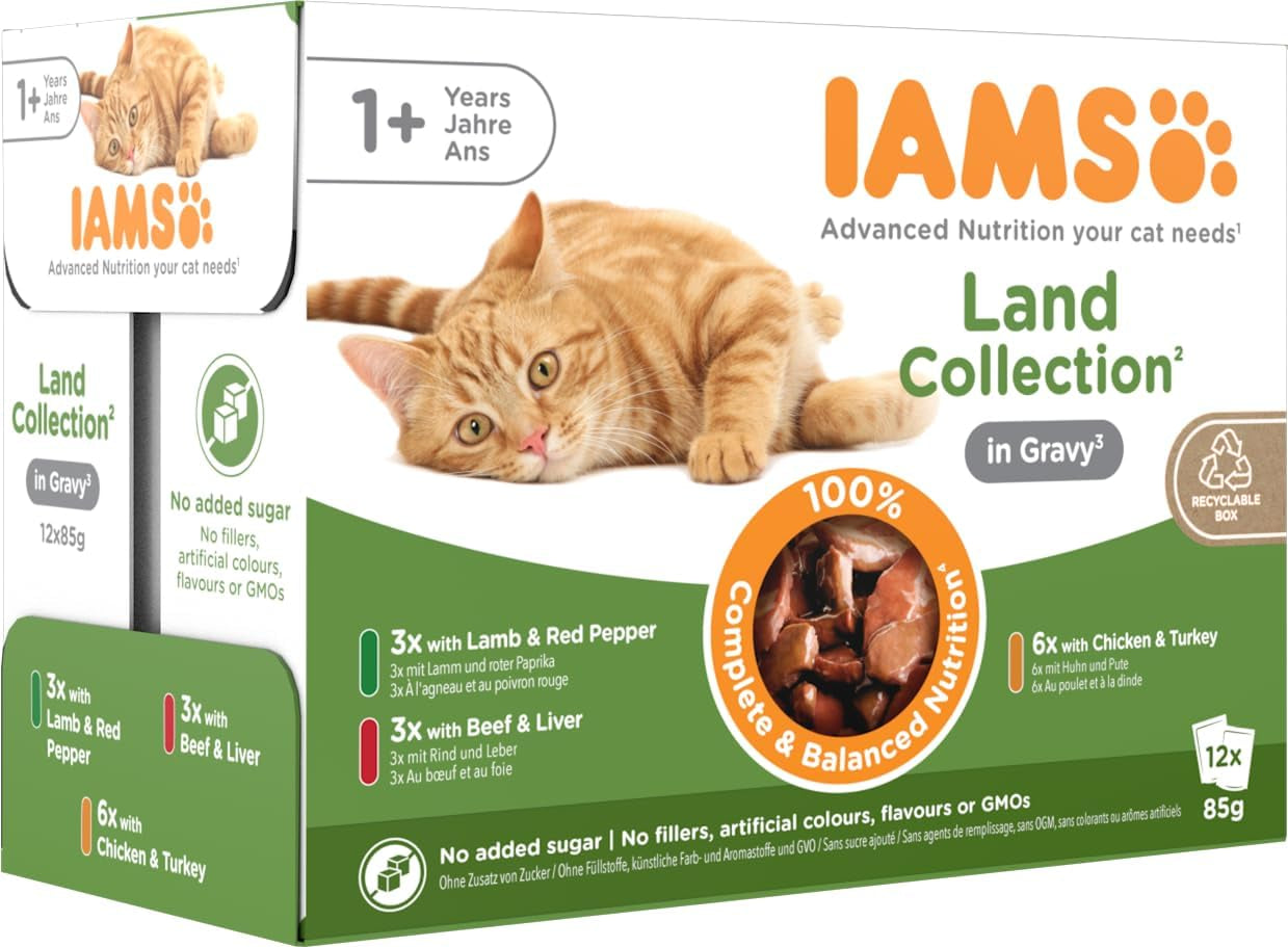 IAMS Delights Land Collection Nourriture humide pour chats - Multipack avec variétés de viandes (agneau, bœuf, poulet et dinde) en sauce, nourriture humide pour chats à partir de 1 an, 12 x 85g
