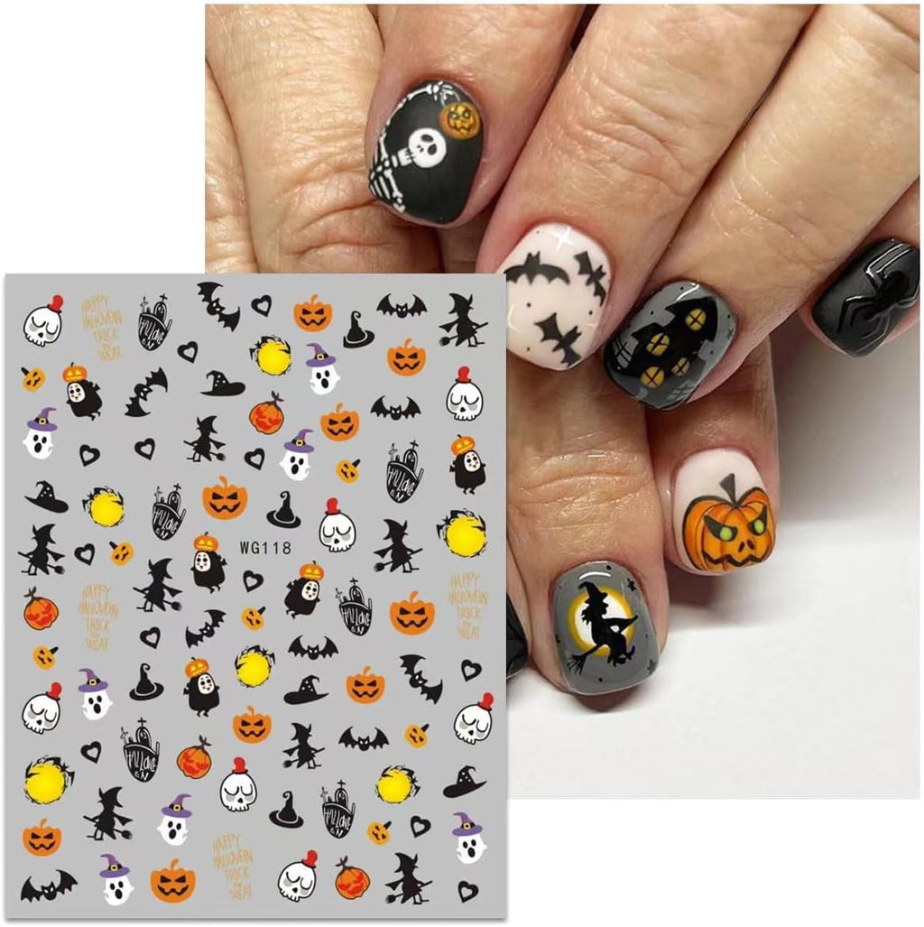 JMEOWIO Nagelsticker Halloween 8 Blatt Nail Art Sticker Selbstklebend Nagelaufkleber Totenkopf Horror Geist Hexe Spinnennetz Fledermaus Kürbis Spukdekoration Nageldesign Zubehör