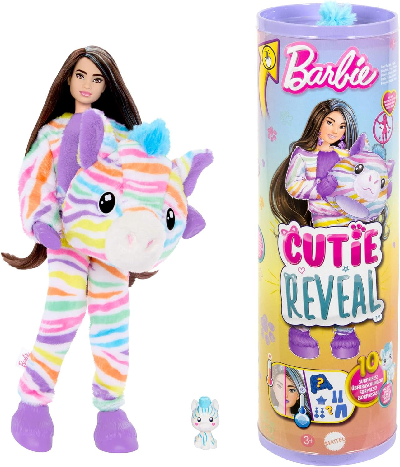 Barbie Cutie Reveal poupée et accessoires, tenue en peluche lapin Batik et 10 surprises changeantes de couleur, série Color Dream, HRK38 Naty Shop Rainbow Zebra Dolls