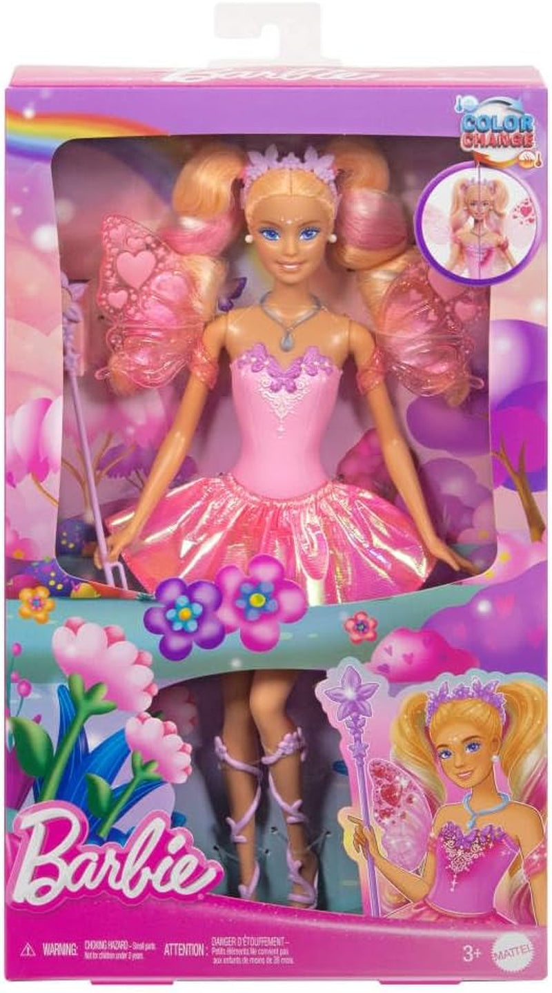 Mattel Poupée Barbie avec baguette magique et accessoires de mode, thème fantastique avec ailes et tenue changeante de couleur, JCP76, [multicolore]