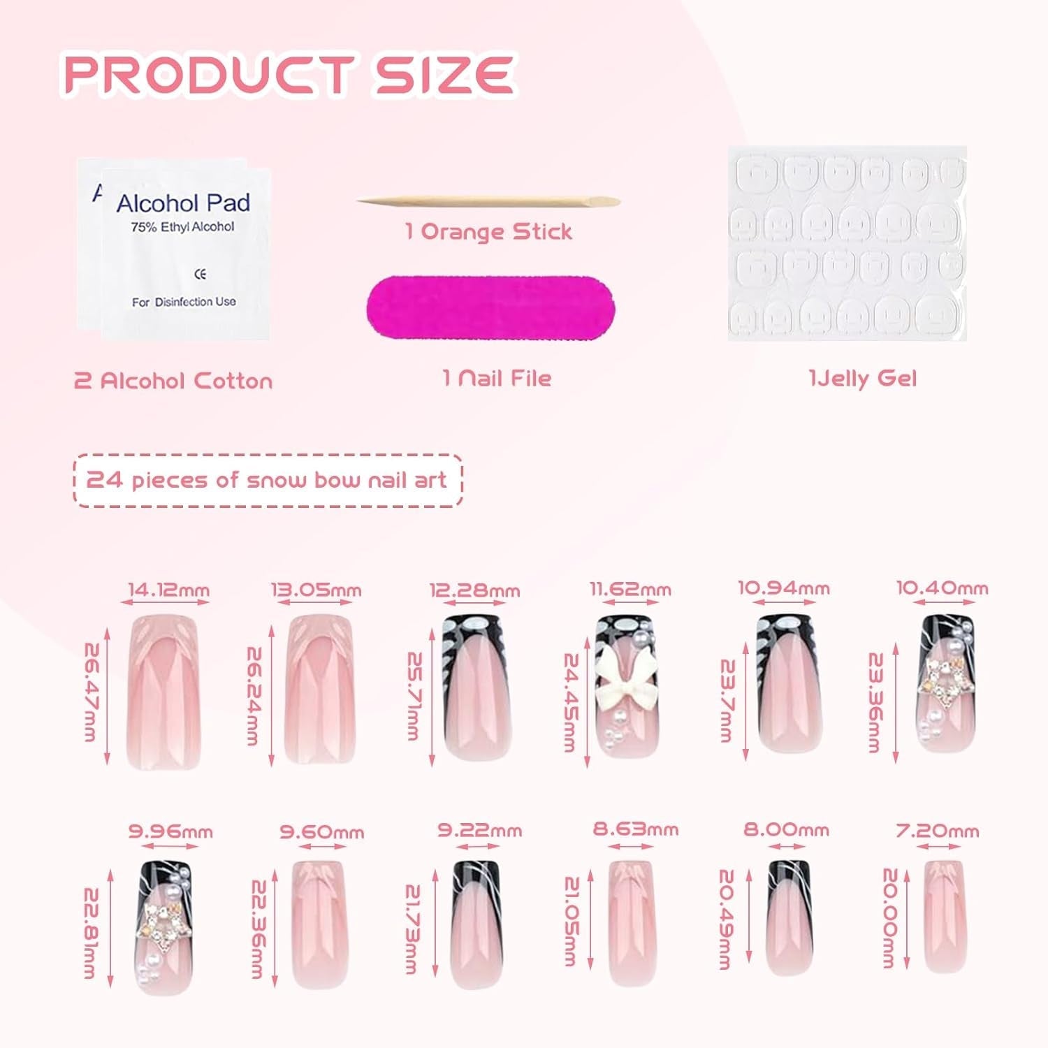 24 pièces de longueur moyenne strass rose carré perle paillettes 3D faux ongles pour femmes filles
