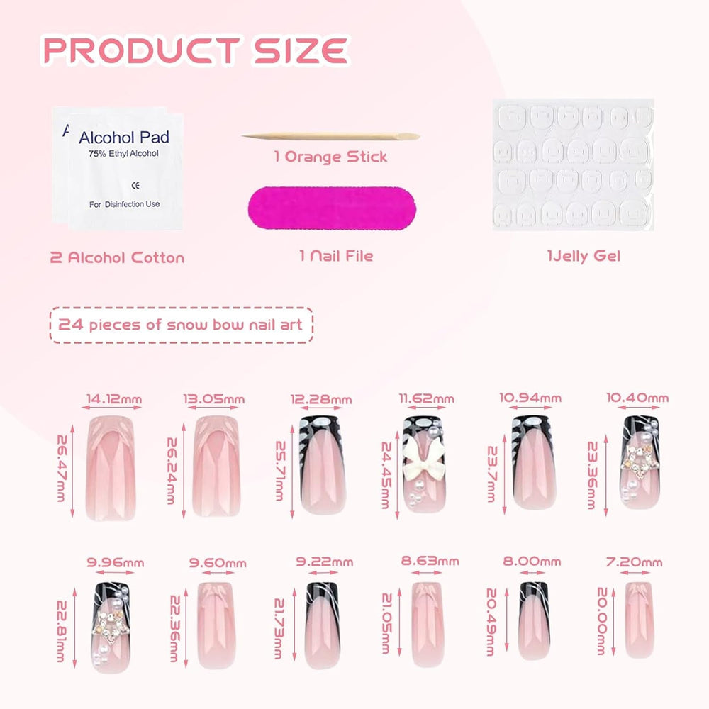 24 pièces de longueur moyenne strass rose carré perle paillettes 3D faux ongles pour femmes filles