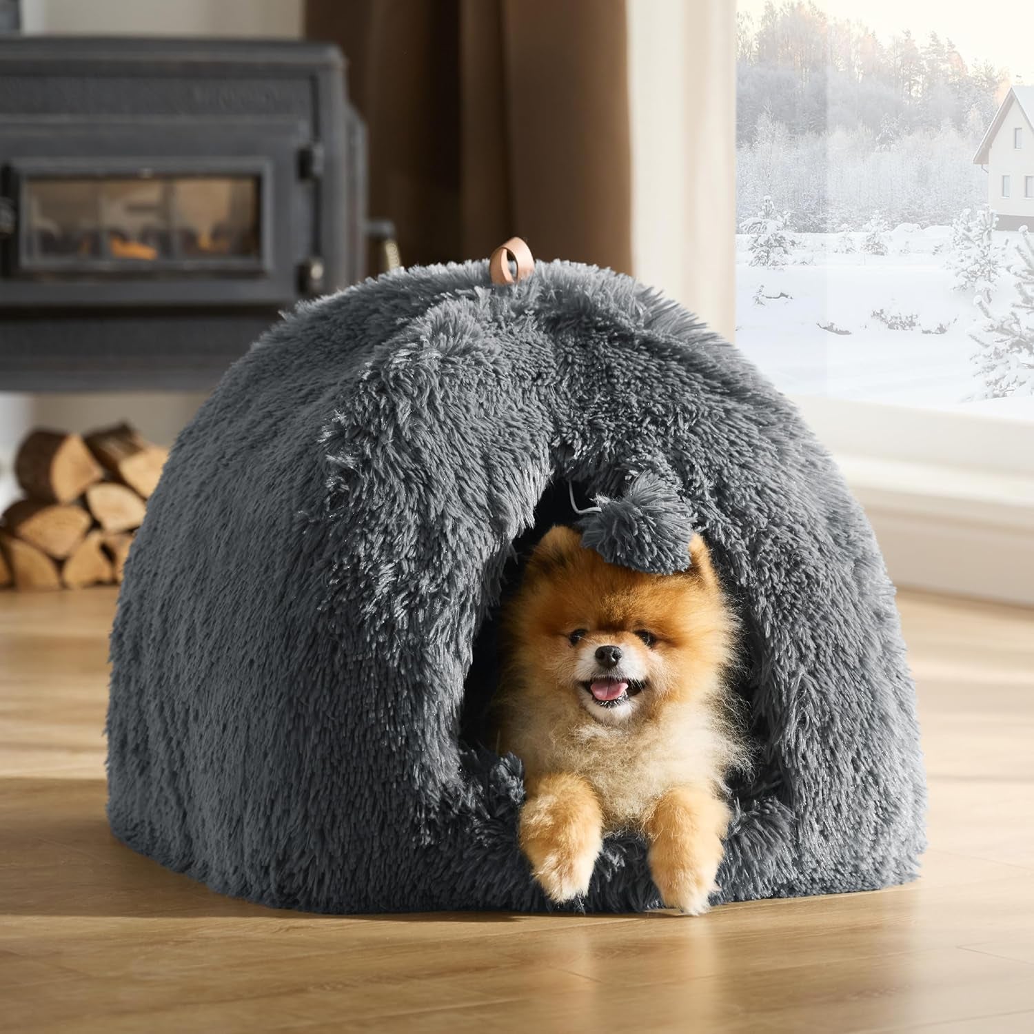 BEDSURE Katzenbett große Katzen Katzenhöhle- 44x44x44 cm Plüsch Katzenhaus Indoor mit abnehmbarem Katzenkissen und hängendem Spielzeug, Katzen Bettchen waschbar, dunkelgrau