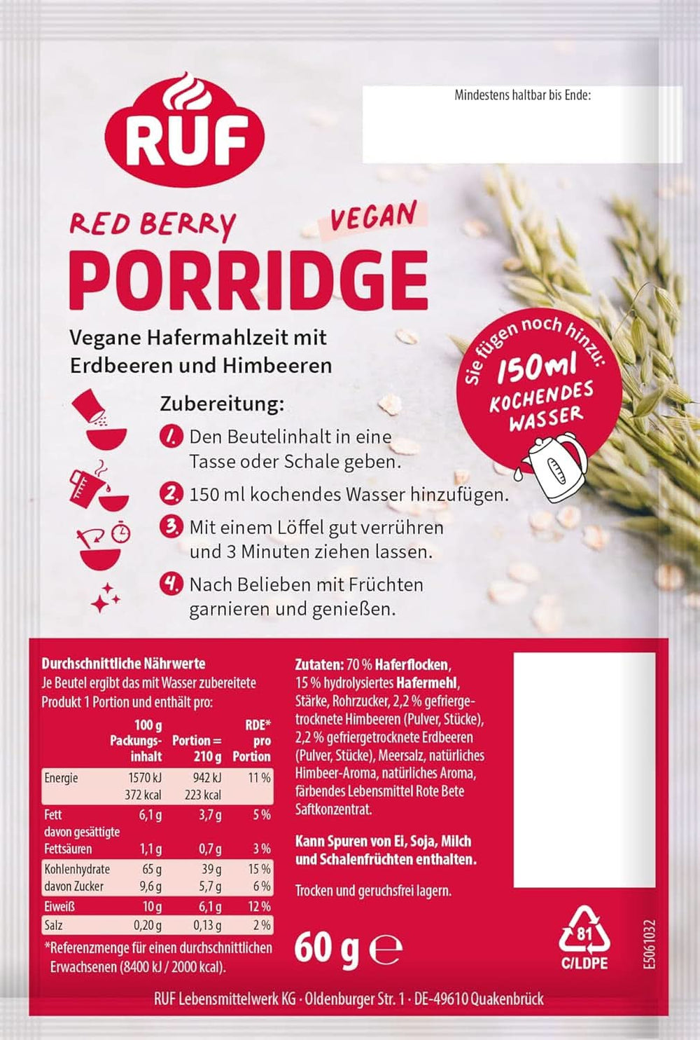 RUF Vegan Porridge Red Berry Oats, Porridge aux fraises et framboises, 60 grammes Céréales Naty Shop