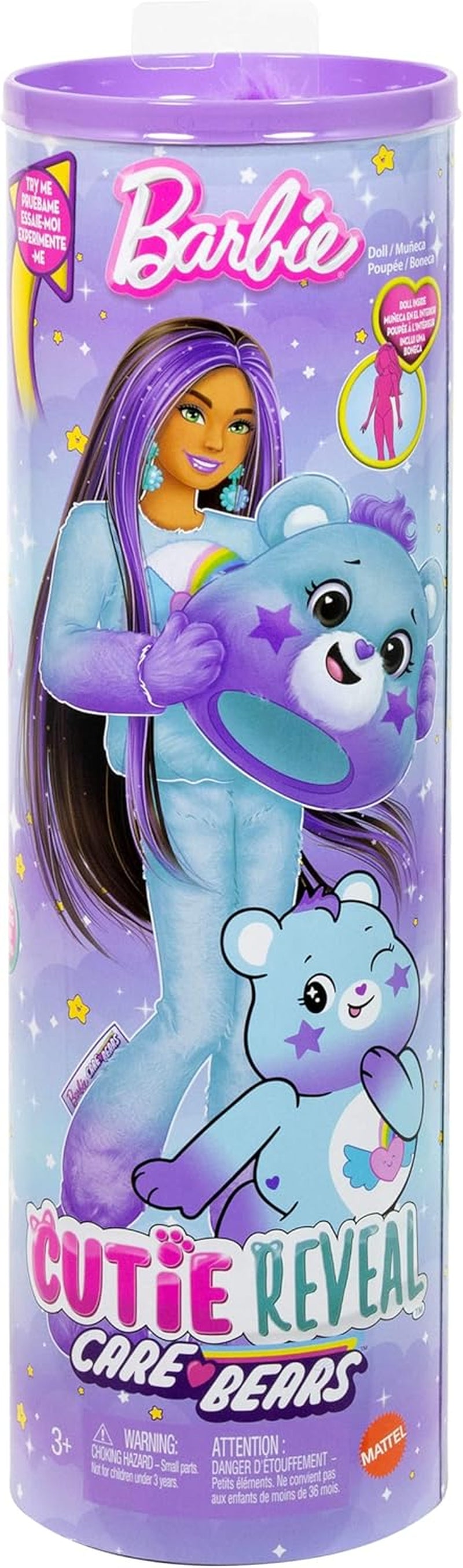 Barbie Cutie Reveal, poupée avec accessoires, Care Bears série 2, Dream Bright Bear avec 10 surprises, dont un changeur de couleur et un mini ours, JFV61