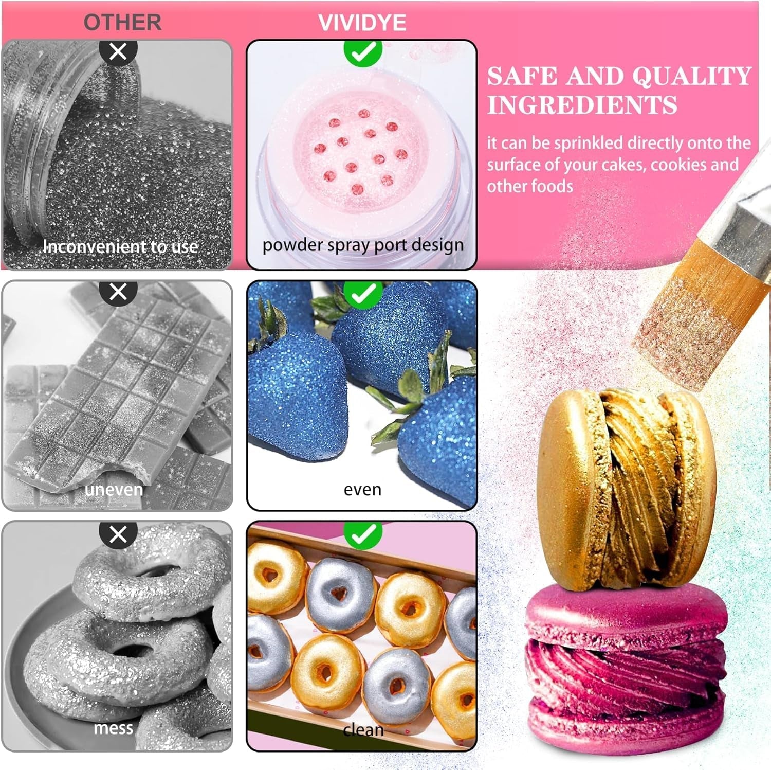 Paillettes comestibles – 4 couleurs de poudre de paillettes comestibles, poudre de paillettes pour boissons, aliments, gâteaux – poudre colorante alimentaire métallique comestible pour la pâtisserie, cocktails – 5 g/bouteille