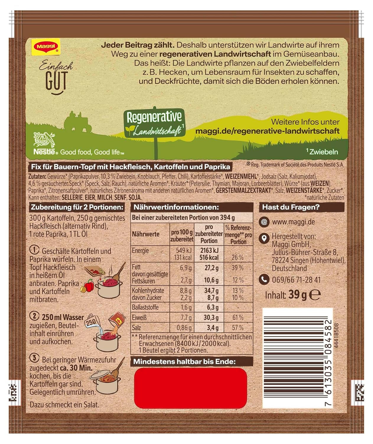 MAGGI Fix für Bauern-Topf mit Minkfleisch, Würzmischung, mit natural Ingredient*, for 2 Portionen, 1er Pack (1 x 39g )