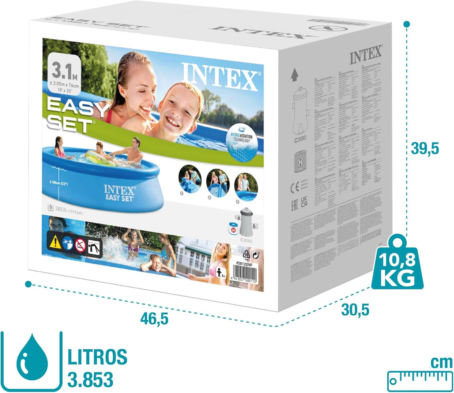 Intex 28122NP - Piscine Hors Sol Ronde Easy Set, Pompe à Filtration 1250 L/h, 3853 L, PVC, Bleu, 305x76 cm