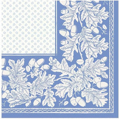 Serviettes de cocktail, feuille de chêne et gland, lin, bleu français et blanc, 15 par paquet