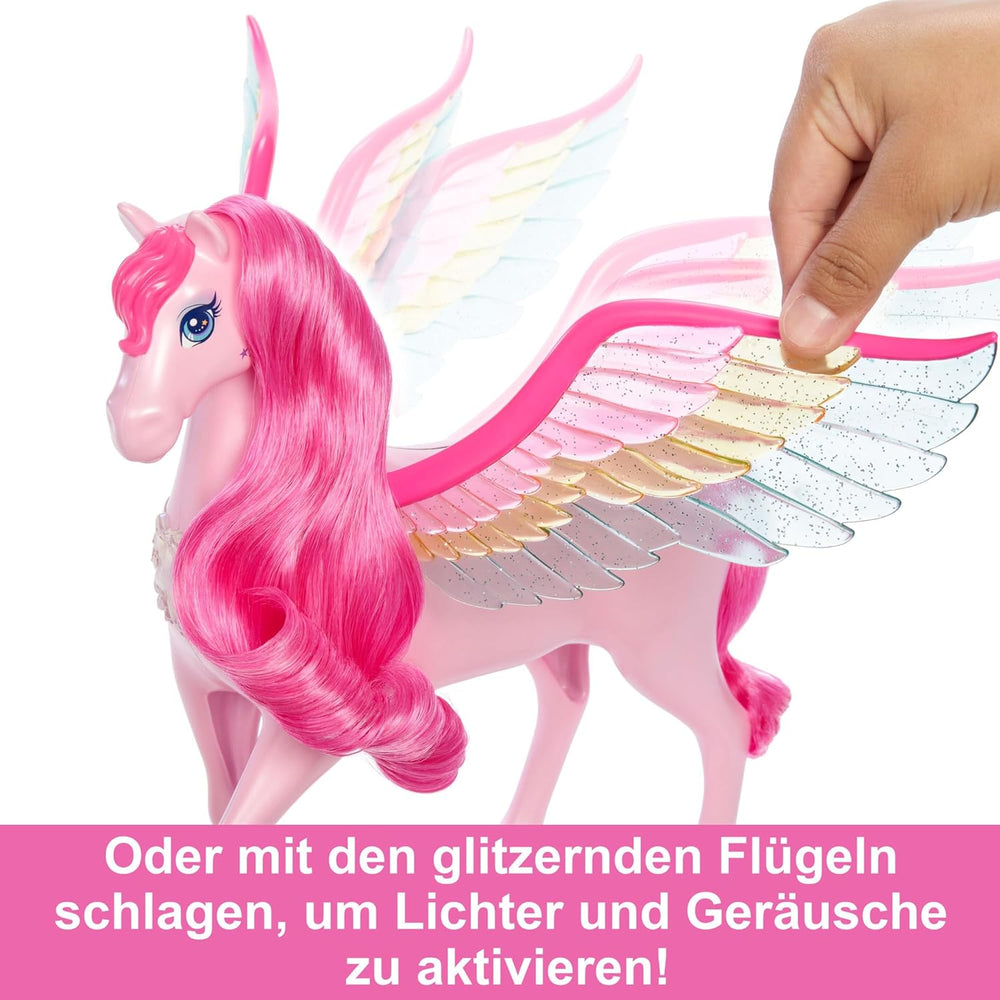 Barbie Pegasus Magic Hide and Seek - Jouet interactif avec lumières et sons, 10 accessoires, ailes arc-en-ciel, à partir de 3 ans, HLC41