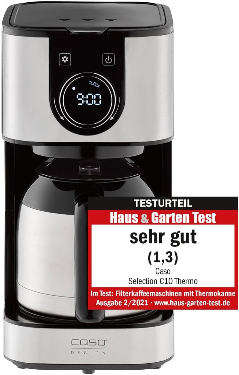 Cafetière CASO Selection C 10 Thermo Design – Boîtier en acier inoxydable, carafe isotherme 1,2 l (10 tasses), commandes tactiles et minuterie, fonction Aroma PLUS, filtre permanent, filtre anti-goutte