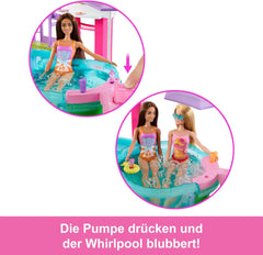 Barbie Dream Pool Playset avec six aires de jeu dont un toboggan et un jacuzzi, plus plus de 20 accessoires tels qu'un animal de compagnie, des bouées et plus encore, JKG83