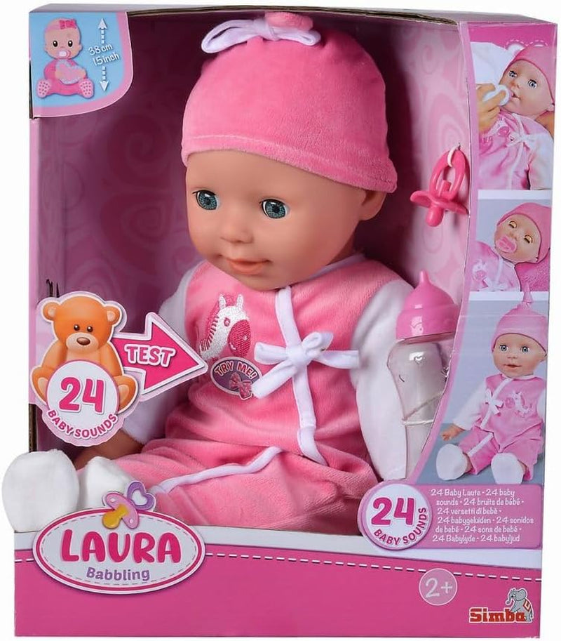 Simba 105140489 - Poupée Laura Baby Talk, poupée au corps doux de 38 cm avec des yeux endormis dans une jolie combinaison, 24 sons de bébé, poupée de jeu, poupée bébé, à partir de 2 ans