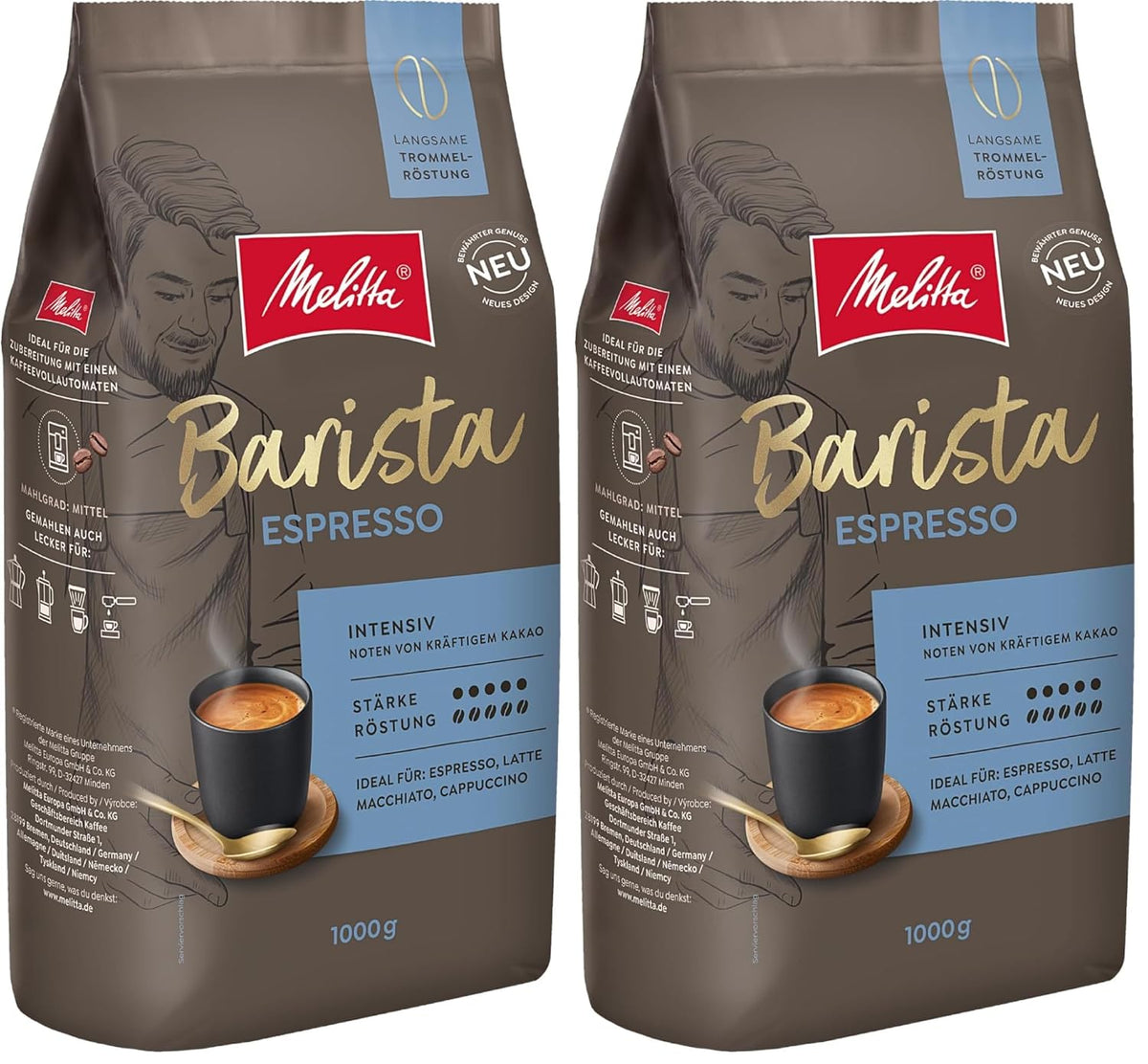 Melitta Barista Classic Espresso, grains de café entiers 1 kg, mouture, café en grains pour machines à expresso automatiques, torréfaction forte, intensité 5 (lot de 2)