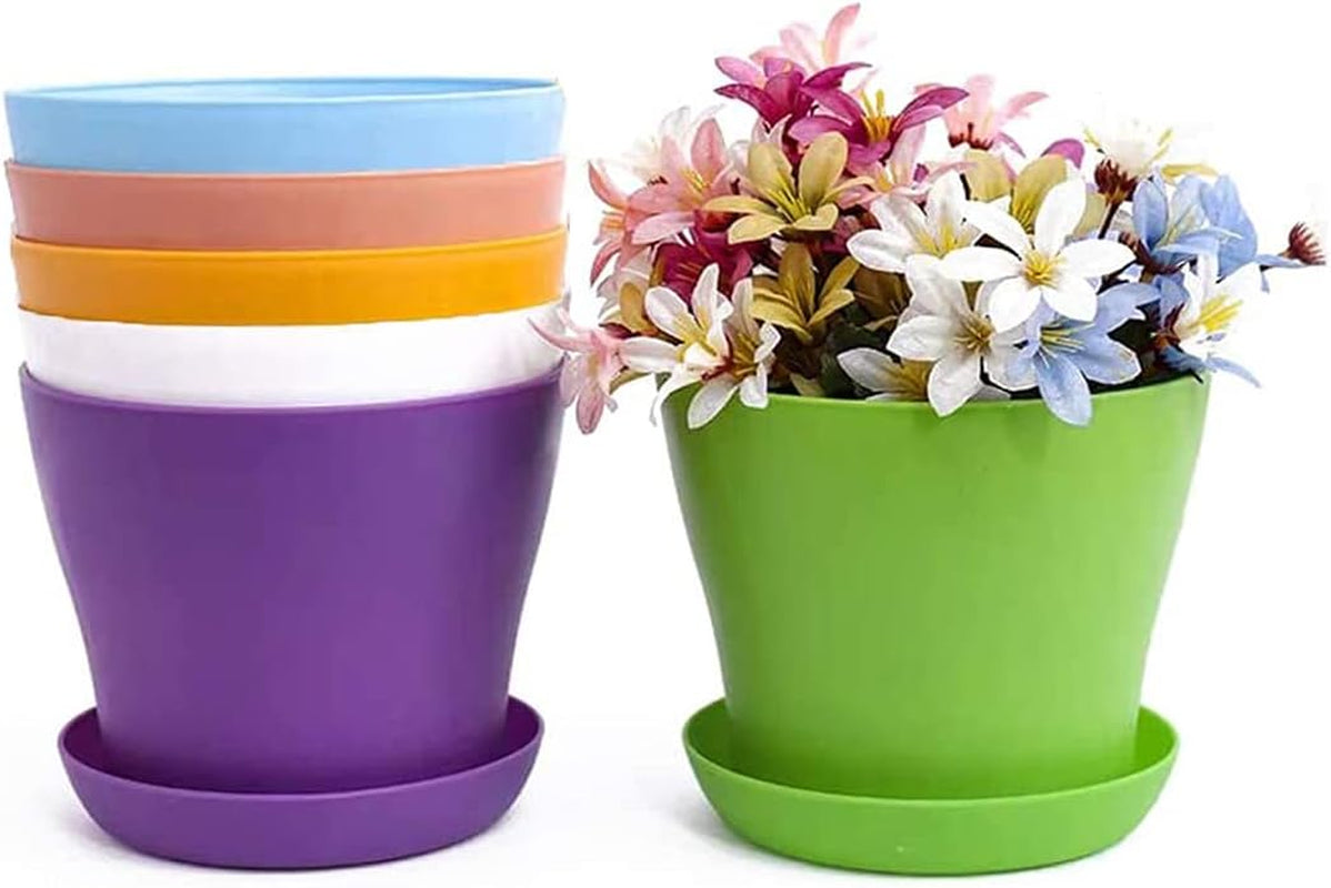 Grands pots de fleurs en plastique de 20 cm avec soucoupes, pots de fleurs blancs à arrosage automatique avec soucoupes, pots de semis en plastique, pots épais pour plantation intérieure et extérieure (6 pièces)