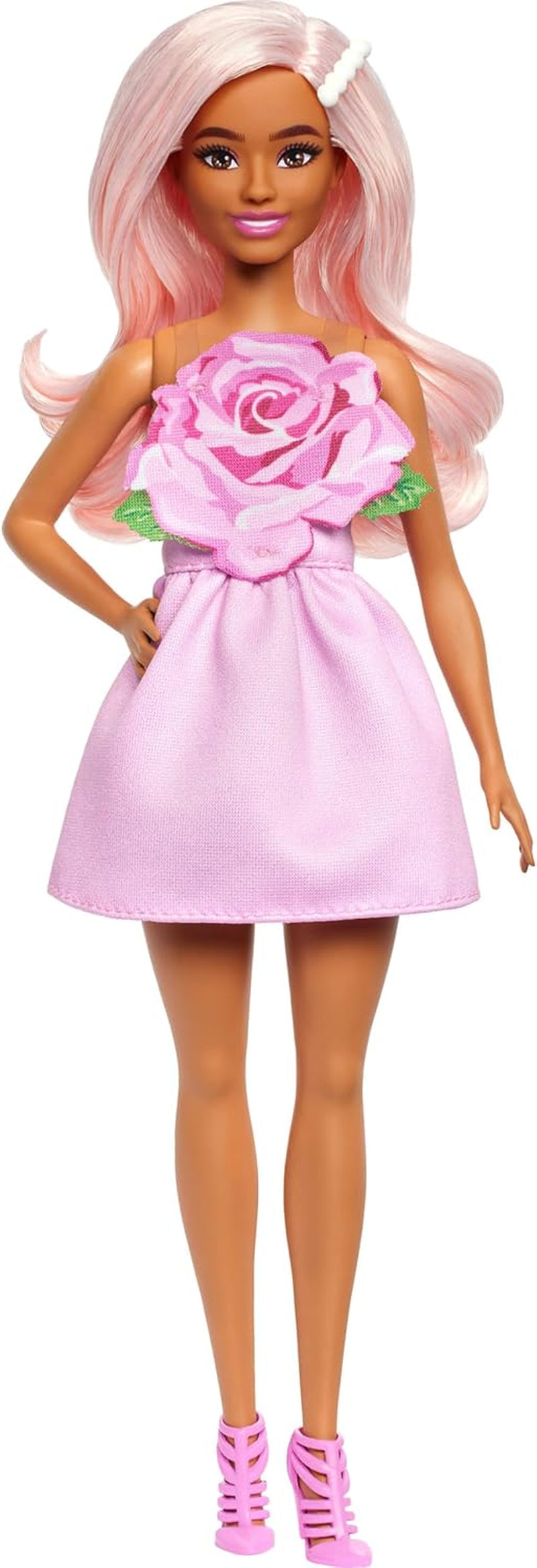 Poupée Barbie Fashionistas no. 238 avec cheveux rose pastel, robe bustier avec haut rose, pince à cheveux en perles et talons hauts à lanières, HYT94 Naty Shop Dolls