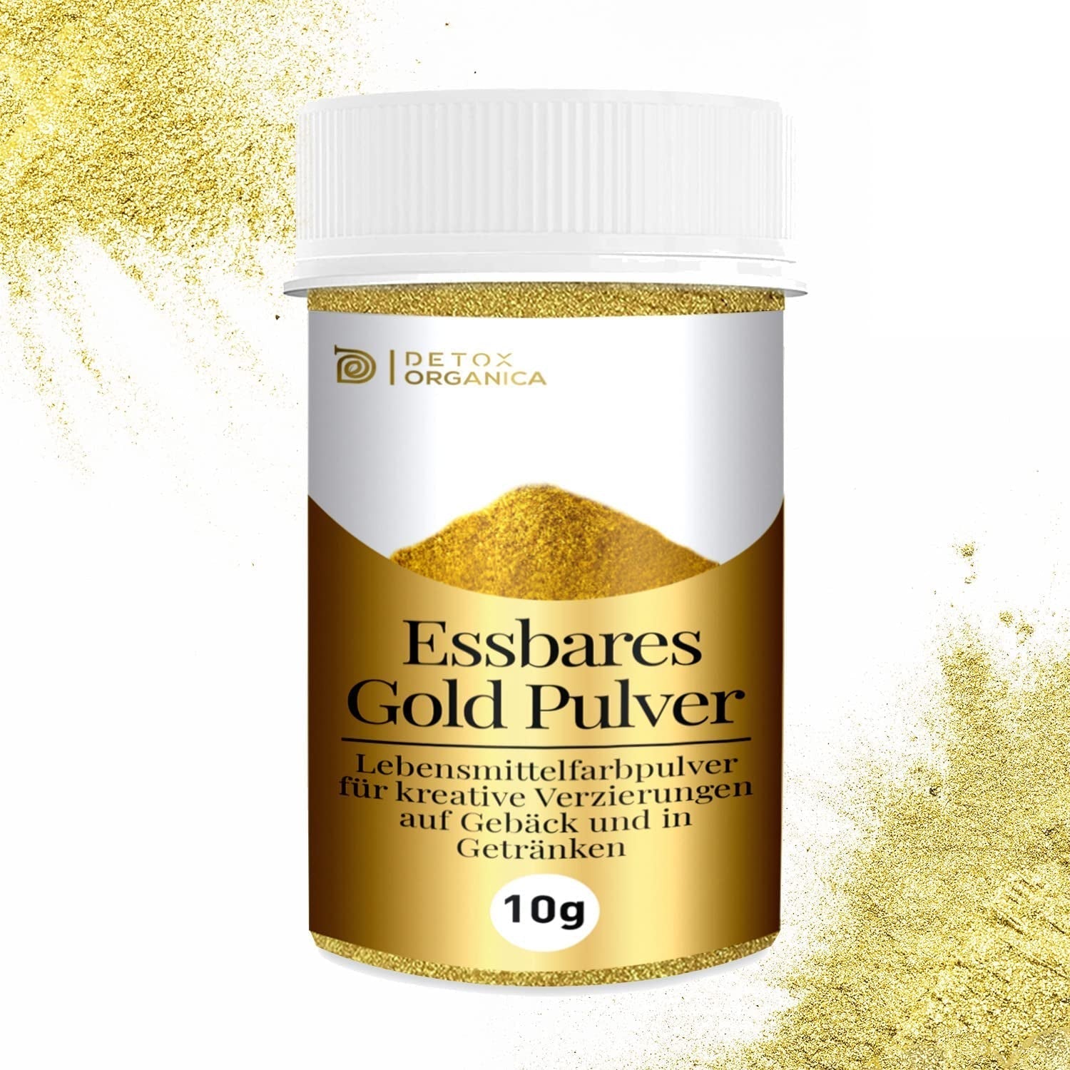 Pudră de aur comestibilă Detox Organica, 10g colorant alimentar auriu fără colorant E171, praf de aur pentru copt și decorare, ideal pentru prăjituri, brioșe, ciocolată și băuturi, sclipici comestibil