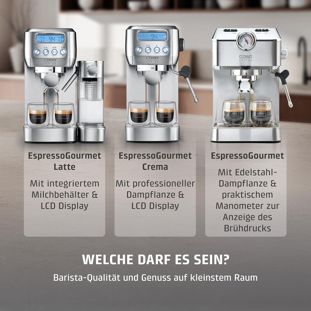 CASO EspressoGourmet Crema - Machine à expresso porte-filtre avec mousseur à lait, expresso, cappuccino, porte-filtre en acier inoxydable, pompe ULKA 20 bars, machine à café, café moulu, capsules ESE