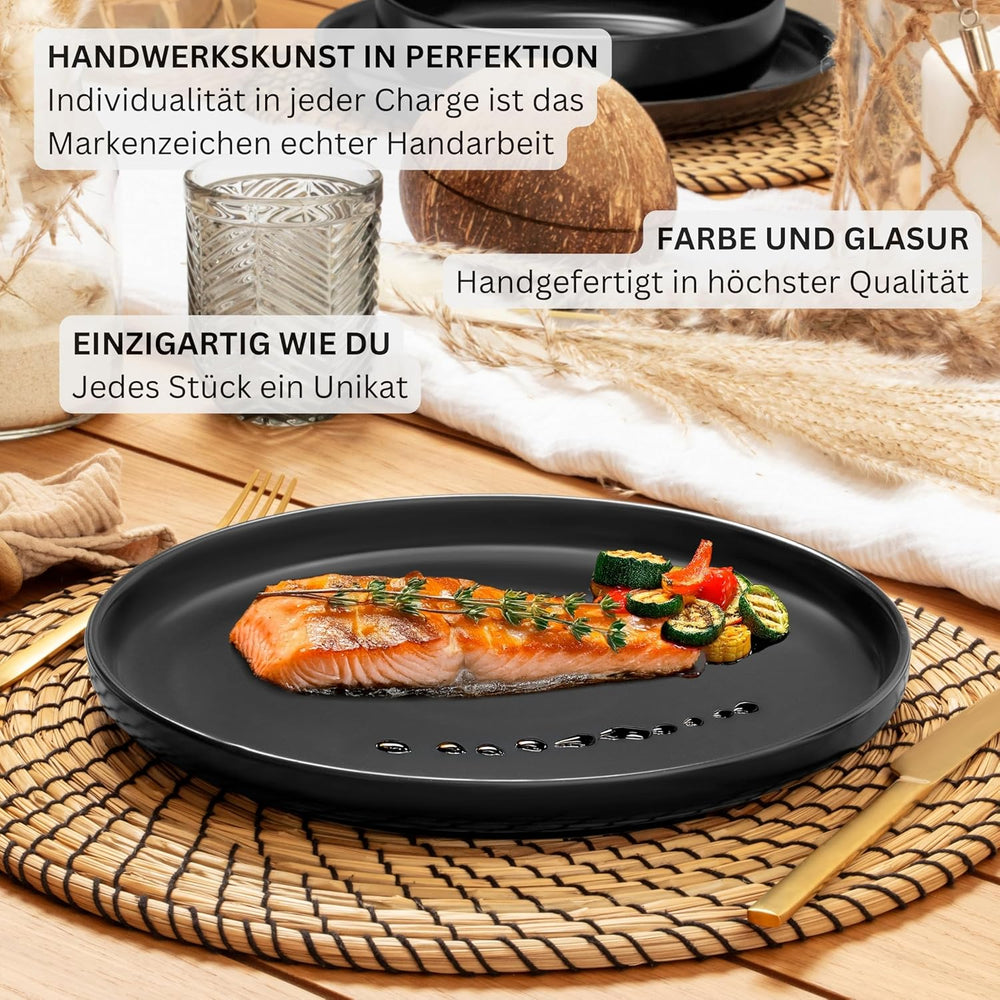 SÄNGER Madère | Service de table combiné 24 pièces, service de table en grès pour 6 personnes, 6 assiettes plates, 6 assiettes de petit-déjeuner, 6 assiettes plates, 6 bols à pâtes, ensemble de vaisselle et de bols, noir mat | LA COLLECTION VALEUR