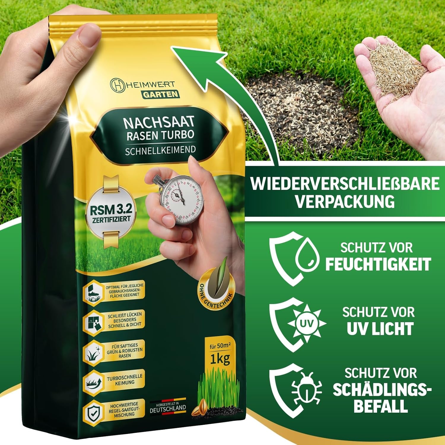 Rasensamen Schnellkeimend Turbo Nachsaat Grassamen Schnellkeimend Nach Original RSM 3.2 Empfehlung Aus Hochwertigster Gräser Mischung - 1Kg Sport Und Spiel Rasen Für 50 M2 - Made in Germany