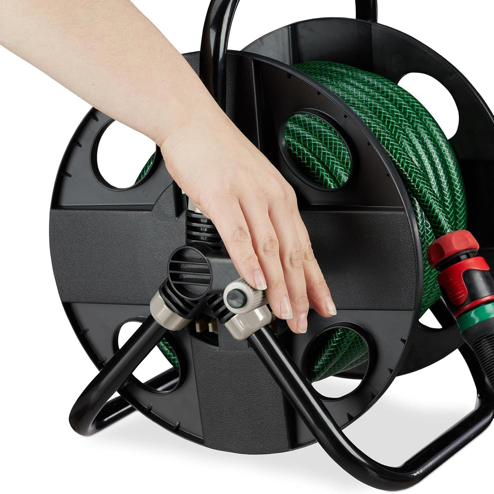 Enrouleur de tuyau Relaxdays, pour tuyau 30 m 1/2", acier, plastique, support de tuyau, HL : 38 x 42 x 31 cm, noir-gris