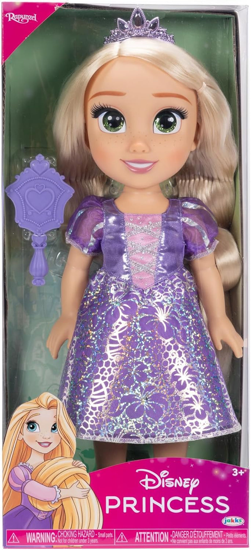 Disney Princess Rapunzel Puppe 35cm, reflektierende Glitzeraugen, bewegliche Gelenke, ausziehbares Kleid, Schuhe, Krone, langes Blondes Haar, für Mädchen ab 3 Jahren