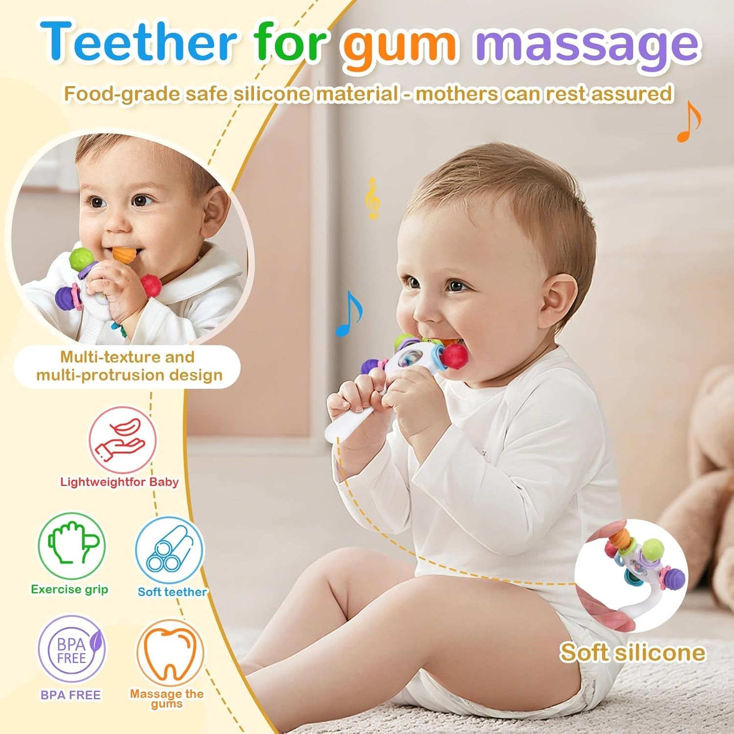 Anneaux de dentition pour bébé de qualité alimentaire – Sans BPA, design résistant à l'étouffement, poignée renforcée, adapté au développement de l'audition et des dents, idéal pour les bébés de 0 à 36 mois (blanc)