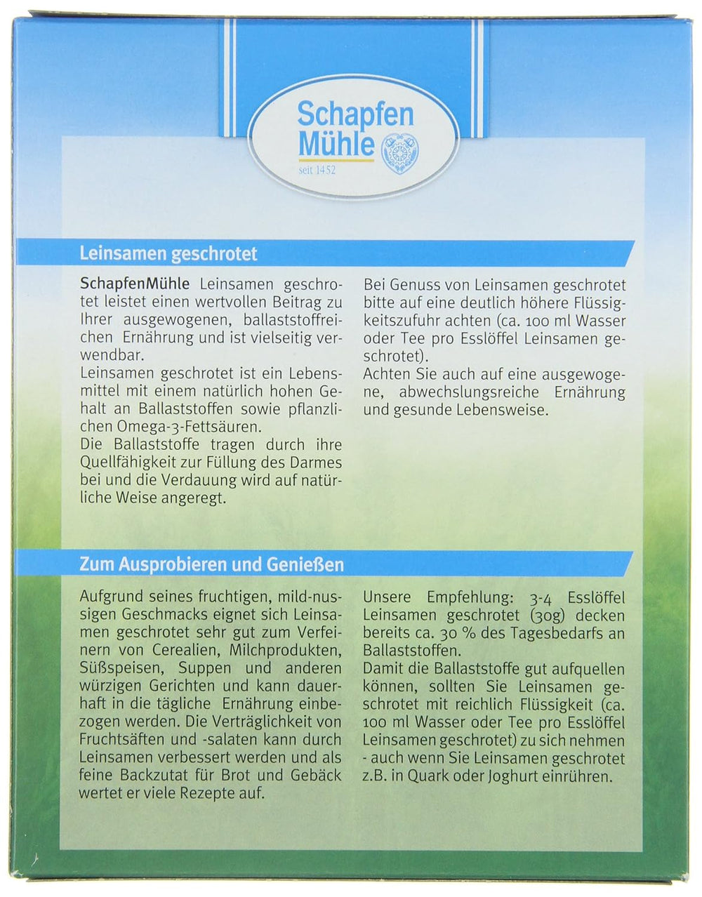Graines de lin moulues Schapfen Mill, paquet de 200 g