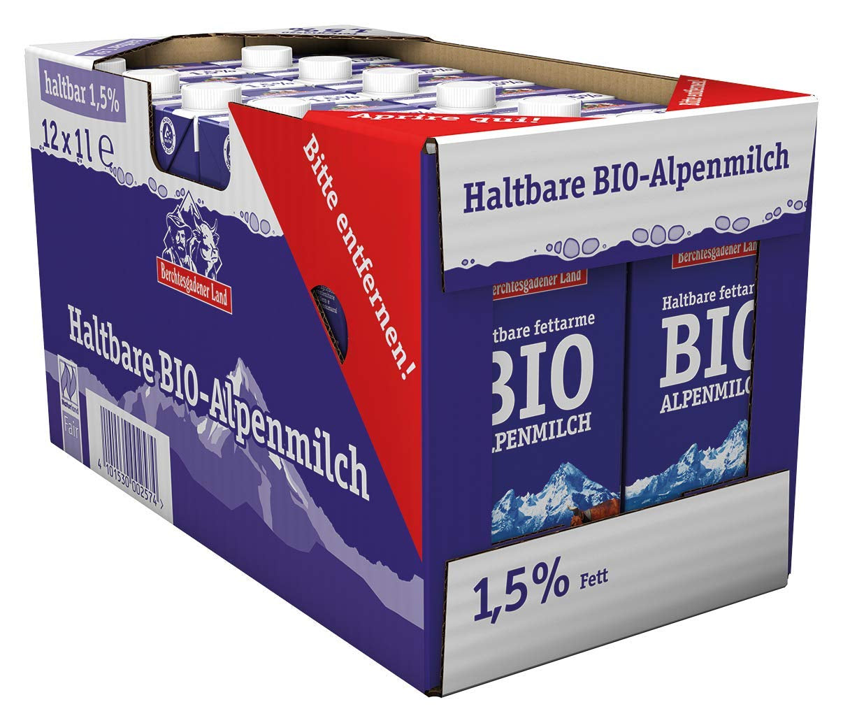 Berchtesgadener Land Haltbare Bergbauern-Milch, 1,5% Fett, paquet de 12 (12 x 1 l)