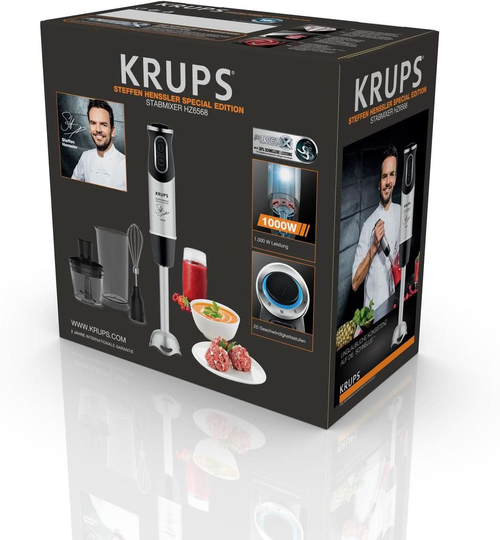 Krups Batteur sur socle Perfect Mix HZ6568 | Mélangeur | 1000 watts | Edelstahlfuss | 4 couteaux supplémentaires | Powelix Technologie | Schneebesen | 500 ml de vinaigrette | 800 Ml Messbecher | Cuisine Schwarz/Silber Naty Shop