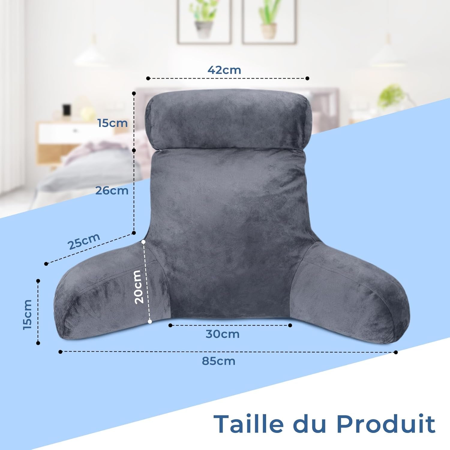 Pernă ergonomică pentru citit INFANZIA cu cotiere, suport pentru spate din spumă cu memorie, gri, M