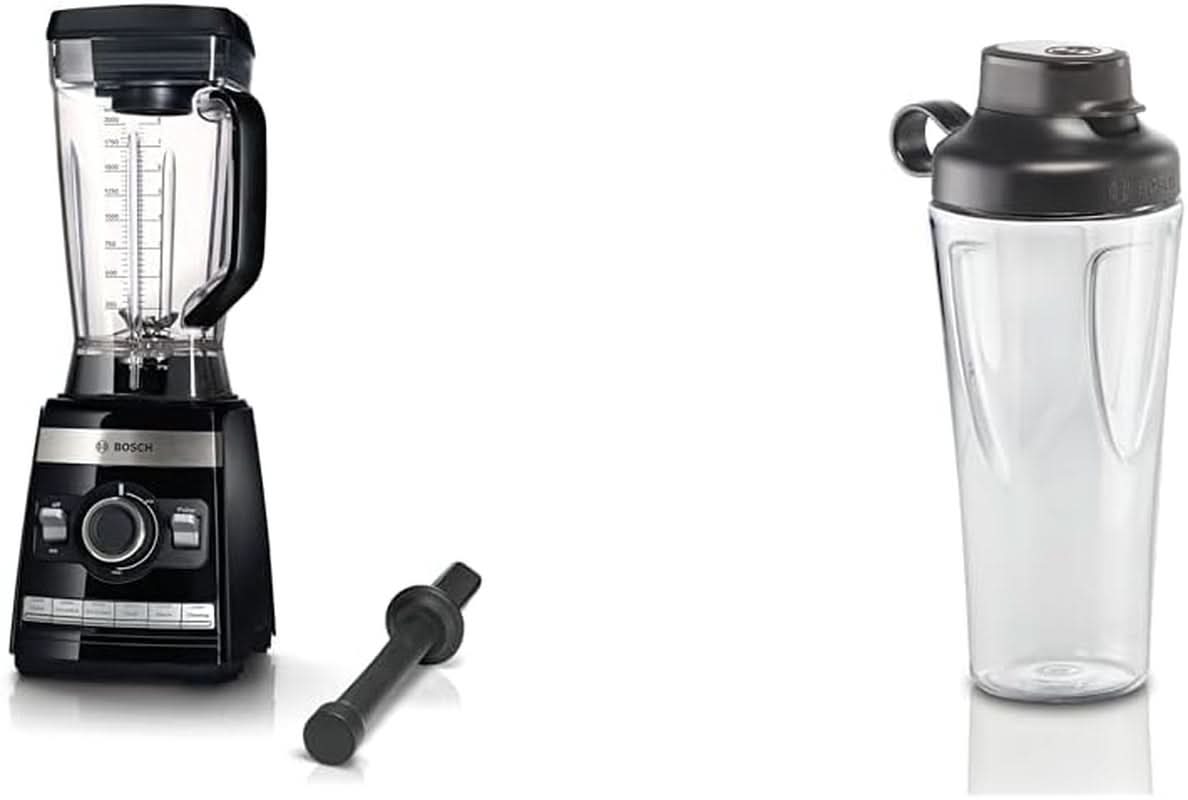 Bosch Batteur sur socle Vitaboost MMBH6P6BDE, 6-Klingen-Edelstahlmesser, 2.5L Tritan-Mixbehälter, Stopfer, 6 Automatikprogramme, Rezeptbuch, Bpa-Frei, Einfache Reinigung, 45 000 U/Min, 1600 W, Schwarz Kucatarie Naty Shop Bundle Mit Flasche 6 Automatikprogramme Deutsches Rezeptbuch