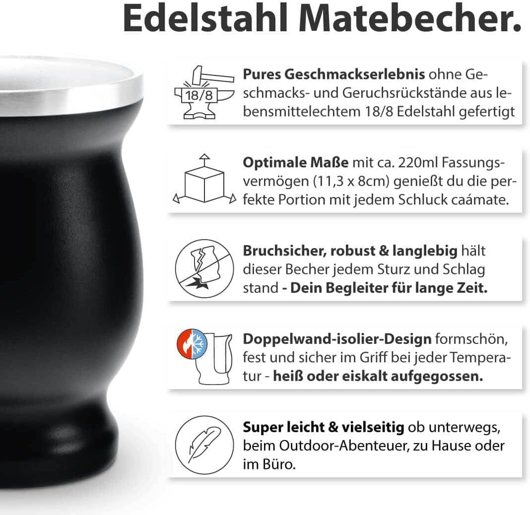 Service à Thé Mate Bio ● 3 Assortiments de Mate + 2 Tasses à Maté Double Paroi en Inox + 2 Bombillas + Instructions d'infusion (Noir)