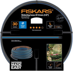 Furtun de apă Fiskars L, protecție UV, testat la presiune, nivel de rigiditate torsională 4 (din 5), 30 m, Ø 1,3 cm (1/2"), 4,2 kg, Negru/Portocaliu/Albastru, 1027105