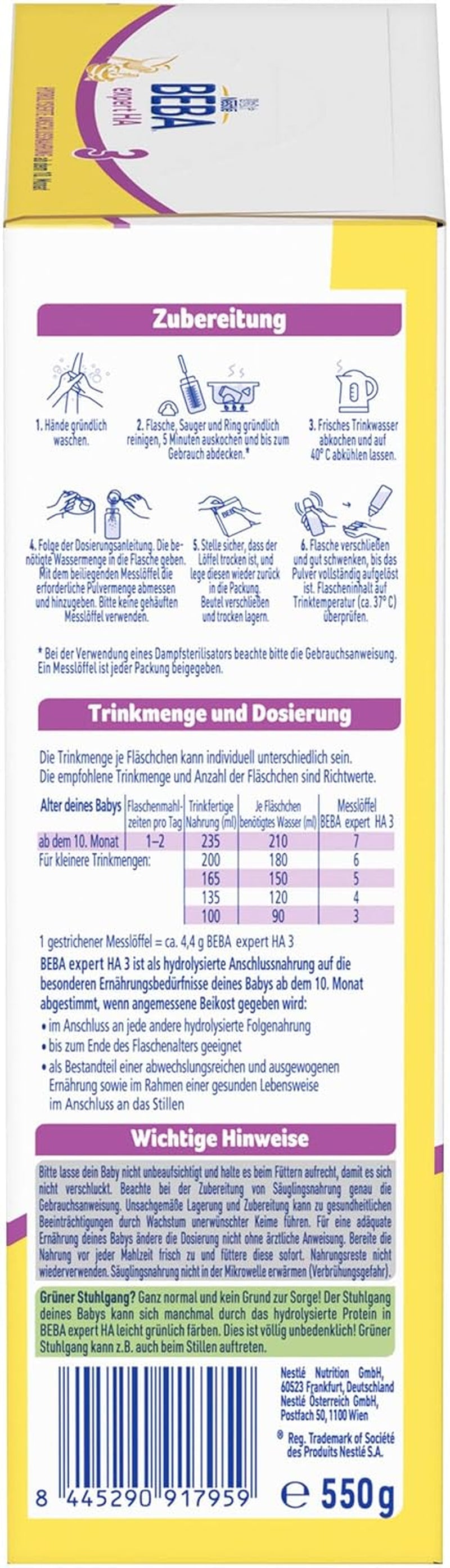 BEBA expert HA 3 Formule de continuation hydrolysée, dès 10 mois, 1 paquet (1 x 550 g)