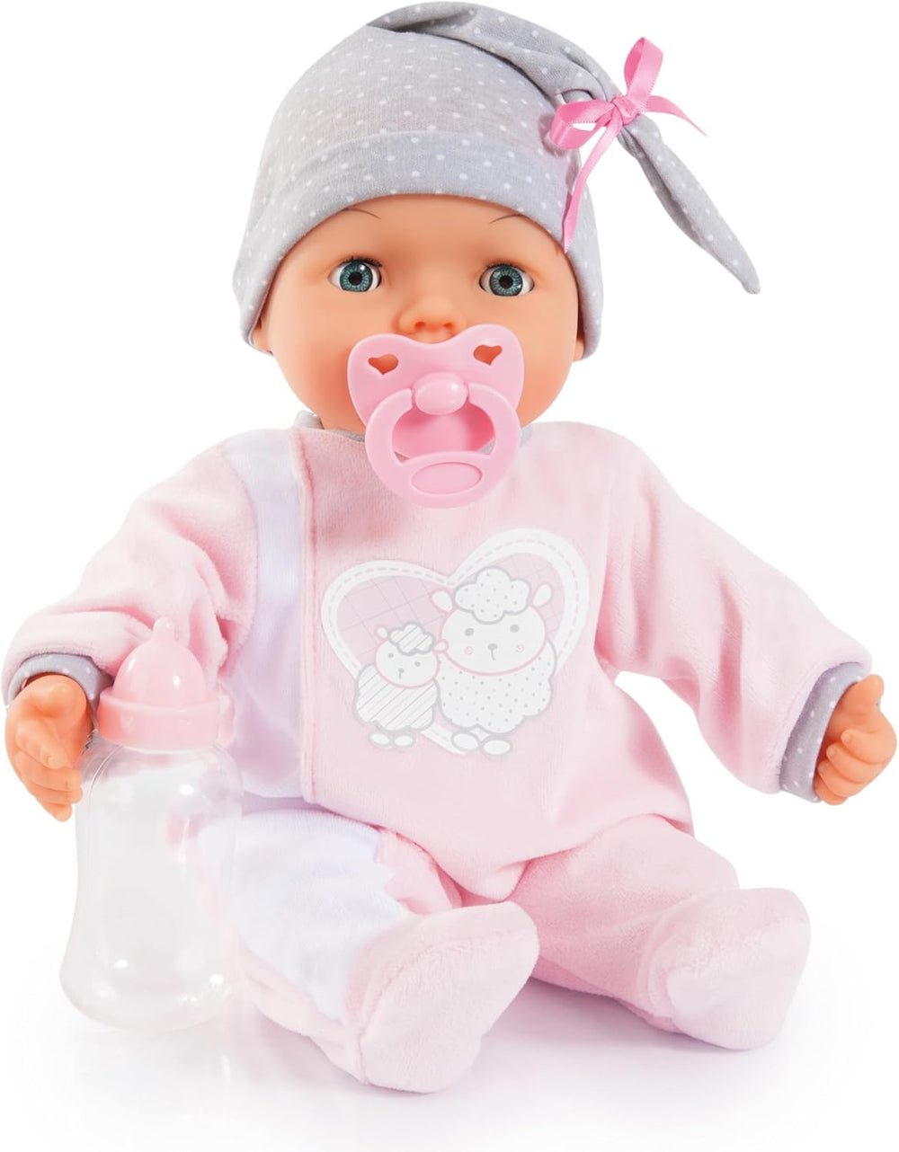 Bayer Design 93829AA Poupée interactive My Piccolina avec fonction, Poupée parlante, Bouge la bouche, 38 cm, Tétine, Biberon, Rose, Gris