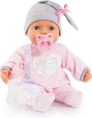Bayer Design 93829AA My Piccolina Interactive Puppe mit Funktion, sprechend, Babypuppe bewegt den Mund, 38 cm, Schnuller, Flasche, Rosa, Grau